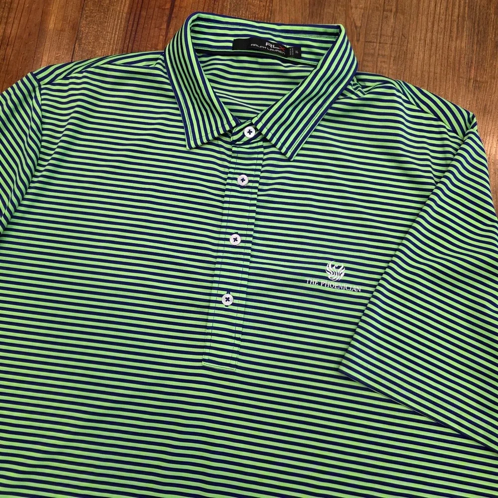 RLX Ralph Lauren Golf Bright Green Blue Stripe Polo Shirt - The Phoenician - XL
